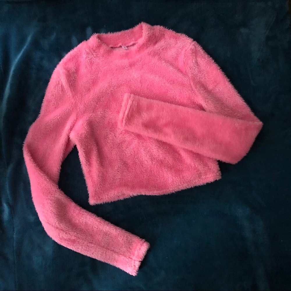 Fuzzy Pink Mock Neck Long Sleeve Crop Top Sz S